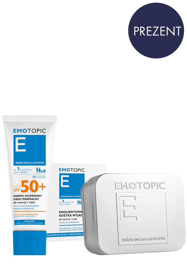 EMOTOPIC ZESTAW PROMOCYJNY EMOLIENTOWA KOSTKA MYJĄCA do twarzy i ciała 100 g + DERMO-OCHRONNY KREM MINERALNY SPF 50+ do twarzy i ciała 75 ml + Mydelniczka GRATIS