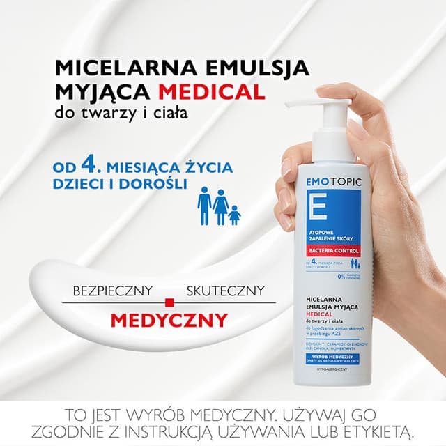EMOTOPIC BACTERIA CONTROL MICELARNA EMULSJA MYJĄCA MEDICAL do twarzy i ciała 190 ml