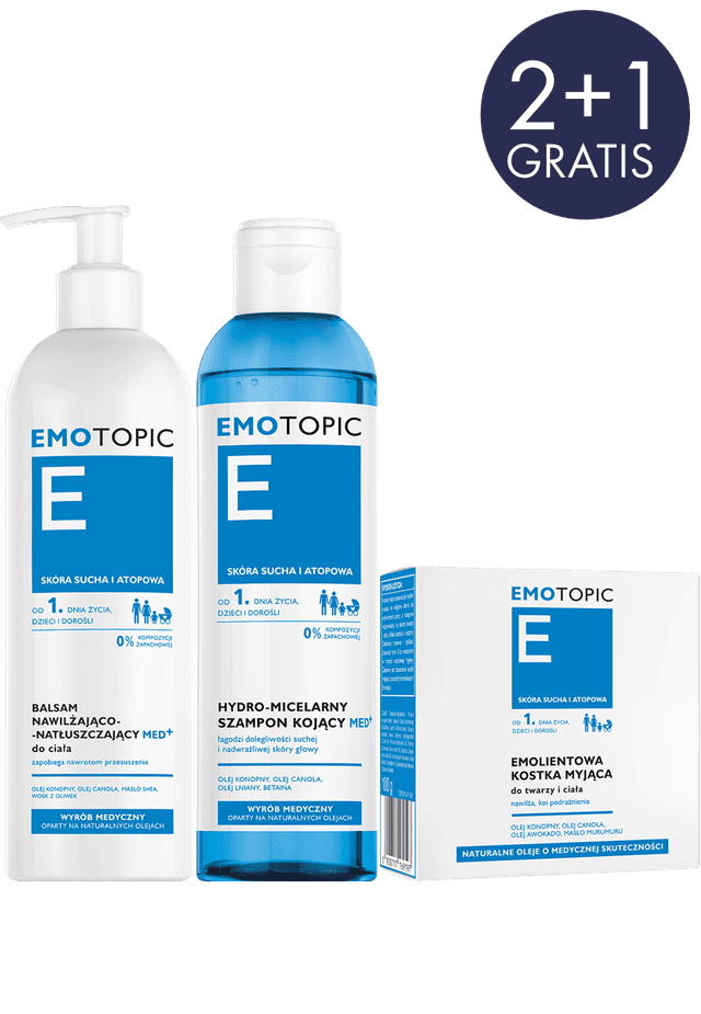 EMOTOPIC ZESTAW PROMOCYJNY BALSAM NAWILŻAJĄCO-NATŁUSZCZAJĄCY 400 ml + HYDRO-MICELARNY SZAMPON 250 ml + EMOLIENTOWA KOSTKA MYJĄCA 100 g GRATIS