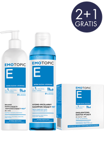 EMOTOPIC ZESTAW PROMOCYJNY BALSAM NAWILŻAJĄCO-NATŁUSZCZAJĄCY 400 ml + HYDRO-MICELARNY SZAMPON 250 ml + EMOLIENTOWA KOSTKA MYJĄCA 100 g GRATIS