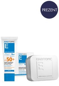 EMOTOPIC ZESTAW PROMOCYJNY EMOLIENTOWA KOSTKA MYJĄCA do twarzy i ciała 100 g + DERMO-OCHRONNY KREM MINERALNY SPF 50+ do twarzy i ciała 75 ml + Mydelniczka GRATIS